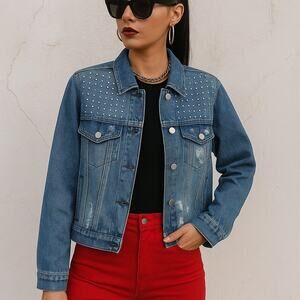 Tinsel Town Distressed Denim Jacket Sequin Eye & Stars Motif Women’s Small